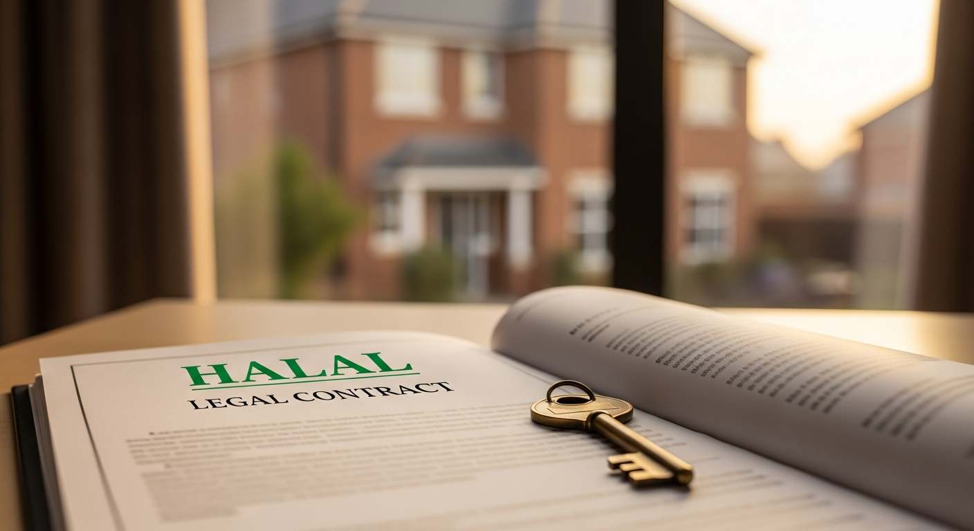 Composite image of a house, a contract marked Halal, and a key, representing Islamic home financing.