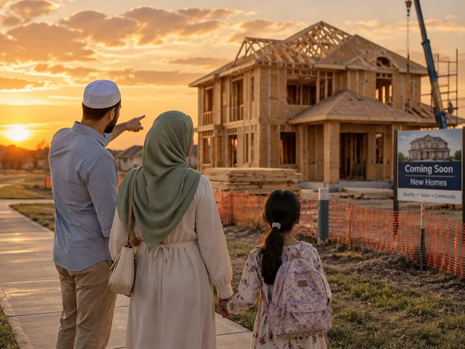 A Muslim family watches their new home being built, then holds the keys in front of their sold home